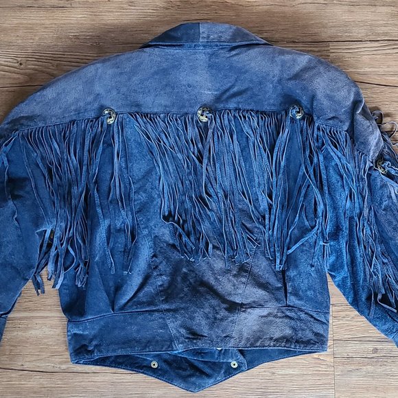 Vintage blue leather western fringe tasseled jacket womens small/medium - Picture 4 of 8